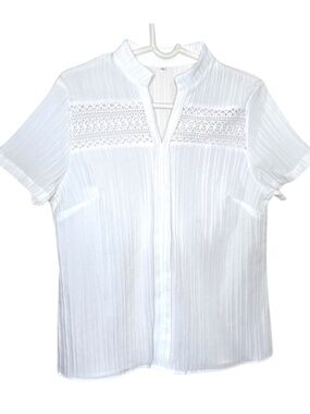White Lace Trim Textured Blouse Size L | Short Sleeve Mandarin Collar Top